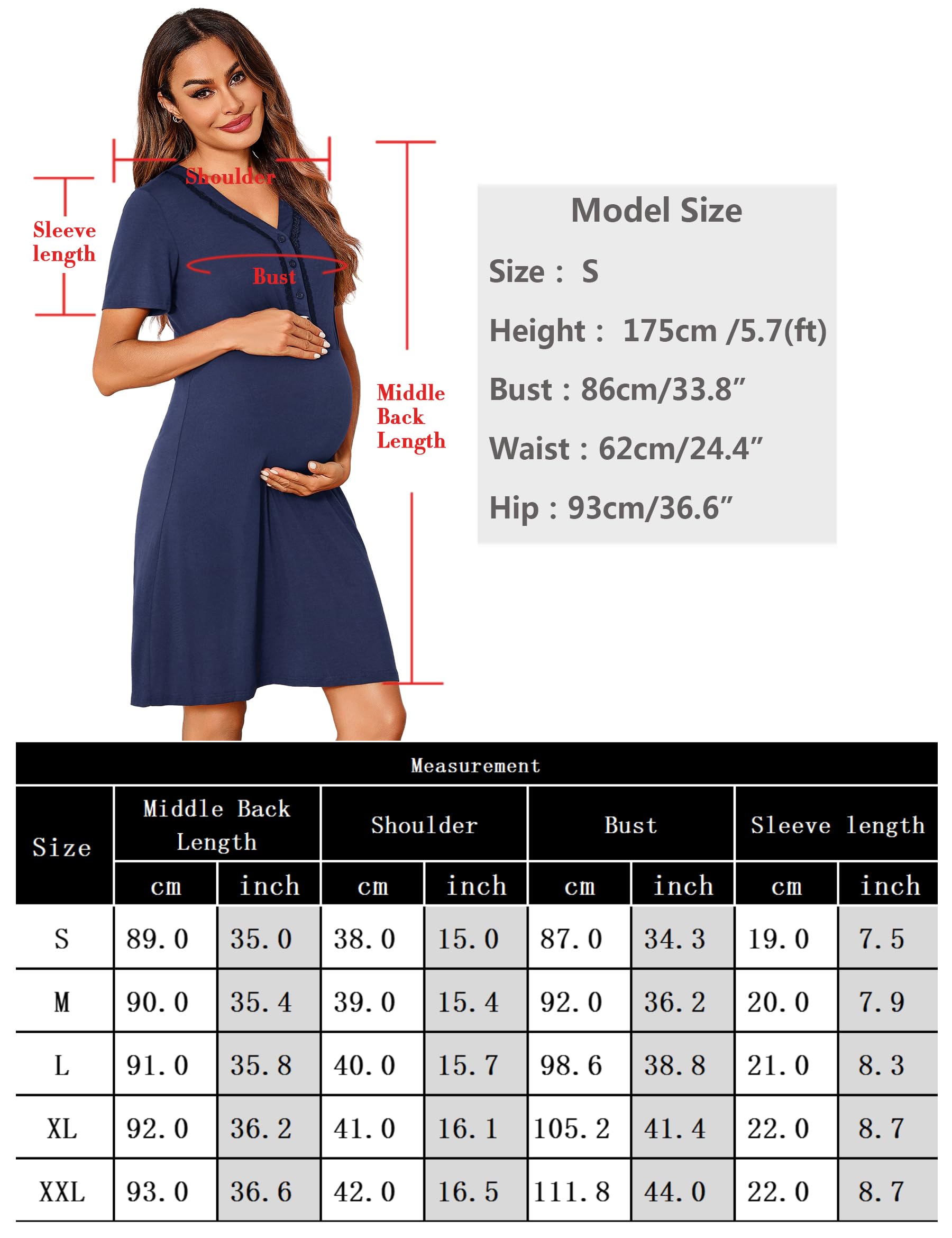Demegimi Chemise de Nuit de Maternité Allaitement Coton Nuisette Grossesse à Manches Courtes Boutonnée Robe de Nuit Nuisette Enceinte Devant Ouvert en Dentelle
