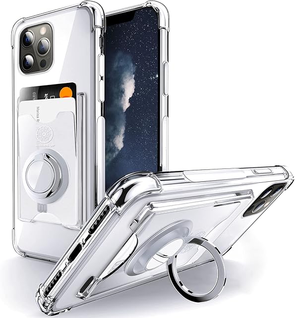 SHIELDS UP] Designed for iPhone 12 Pro Max Case, Wallet Minimalist Case with Ring Kickstand and Card Holder, Transparent Slim Shockproof TPU Bumper Cover for iPhone Apple 12 Pro Max 6.7"- Clear