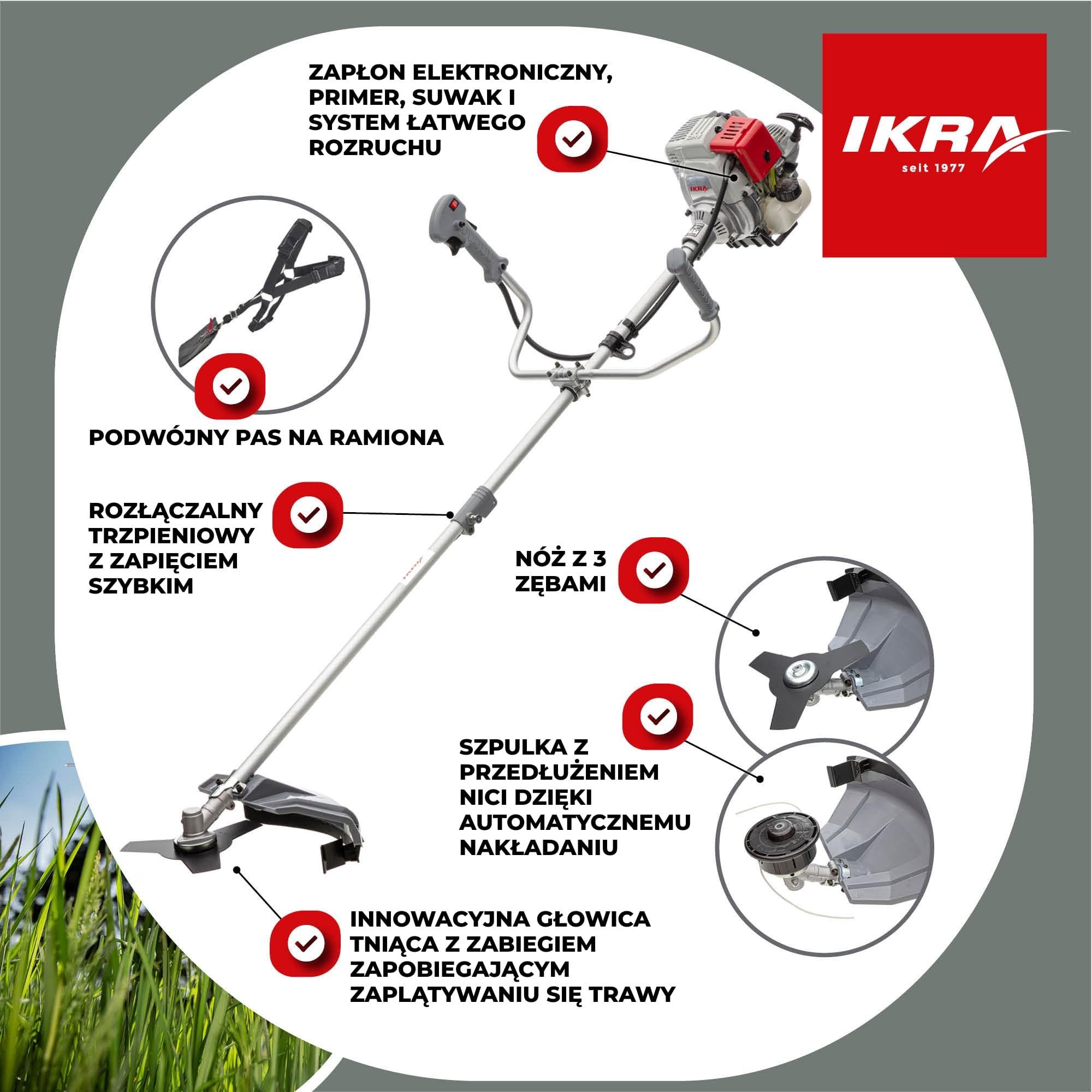 IKRA Podkaszarka spalinowa IBF 31-4 Żyłka, Tarcza, Szelki | 31 cm³ 0,7 kW silnik 4-suwowy z łatwym rozruchem,ochroną przed owijaniem trawy i beznarzędziową wymianą filtra powietrza
