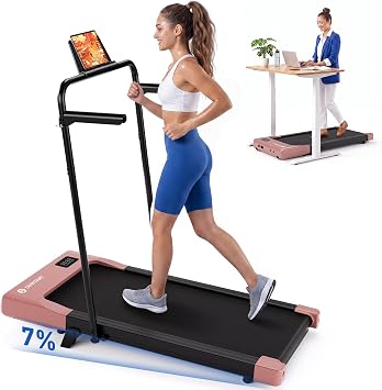 DeerRun Walking Pad Treadmill, 7% Incline Foldable Treadmill with Handlebar