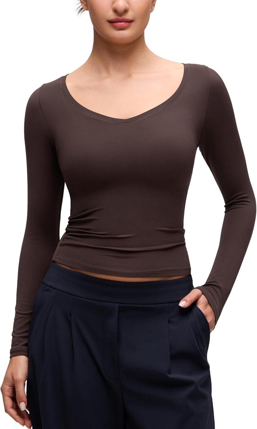 CRZ YOGA Softembrace V Neck Long Sleeve Shirts for Women - Casual Going Out Soft Comfort Tops Fitted Sexy Scoop Tees