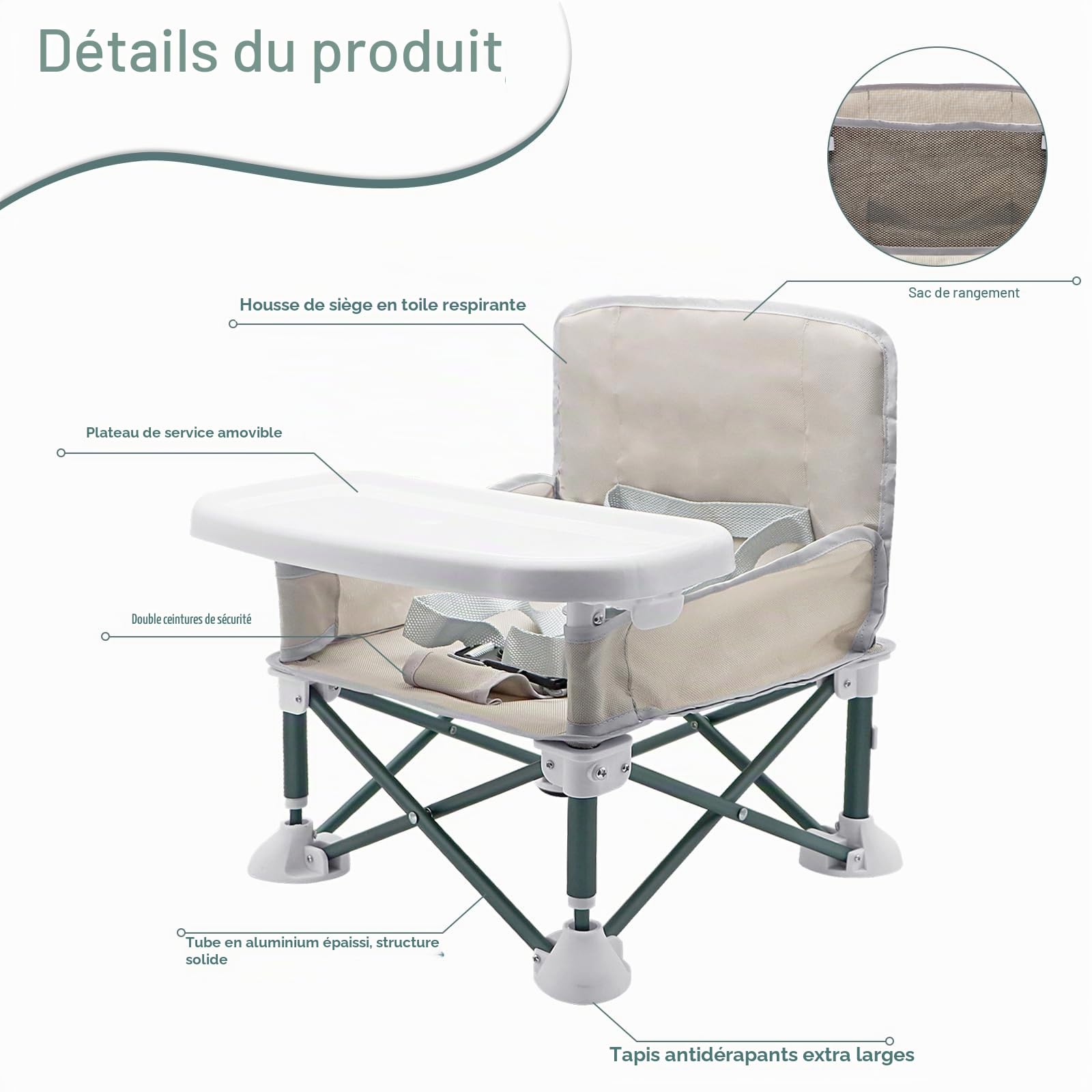 Chaise de camping pour bébé avec plateau, siège rehausseur pliable pour tout-petit, chaise haute portable avec sac de voyage, chaise haute de voyage, chaise d'alimentation pour pique-nique