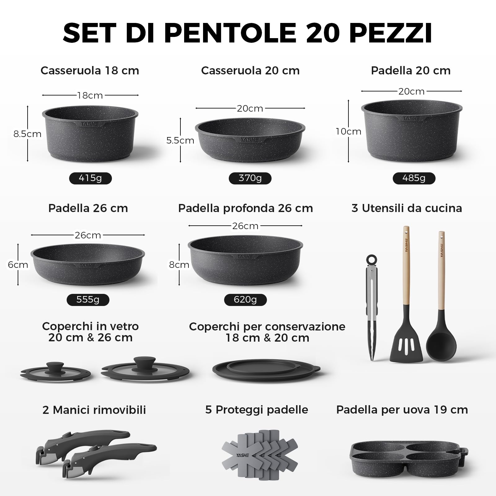 YASHE Set di Pentole da 20 Pezzi con Rivestimento Antiaderente, Manici Rimovibili, Compatibili con Induzione, Forno fino a 230°C, Lavabili in Lavastoviglie, Impilabili, Ideali per Famiglie, Nero