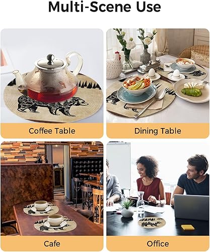 Miniatura 5 de Juego de 2 manteles individuales redondos vintage con diseño de oso negro y pino, manteles individuales lavables de tejido retro rústico para