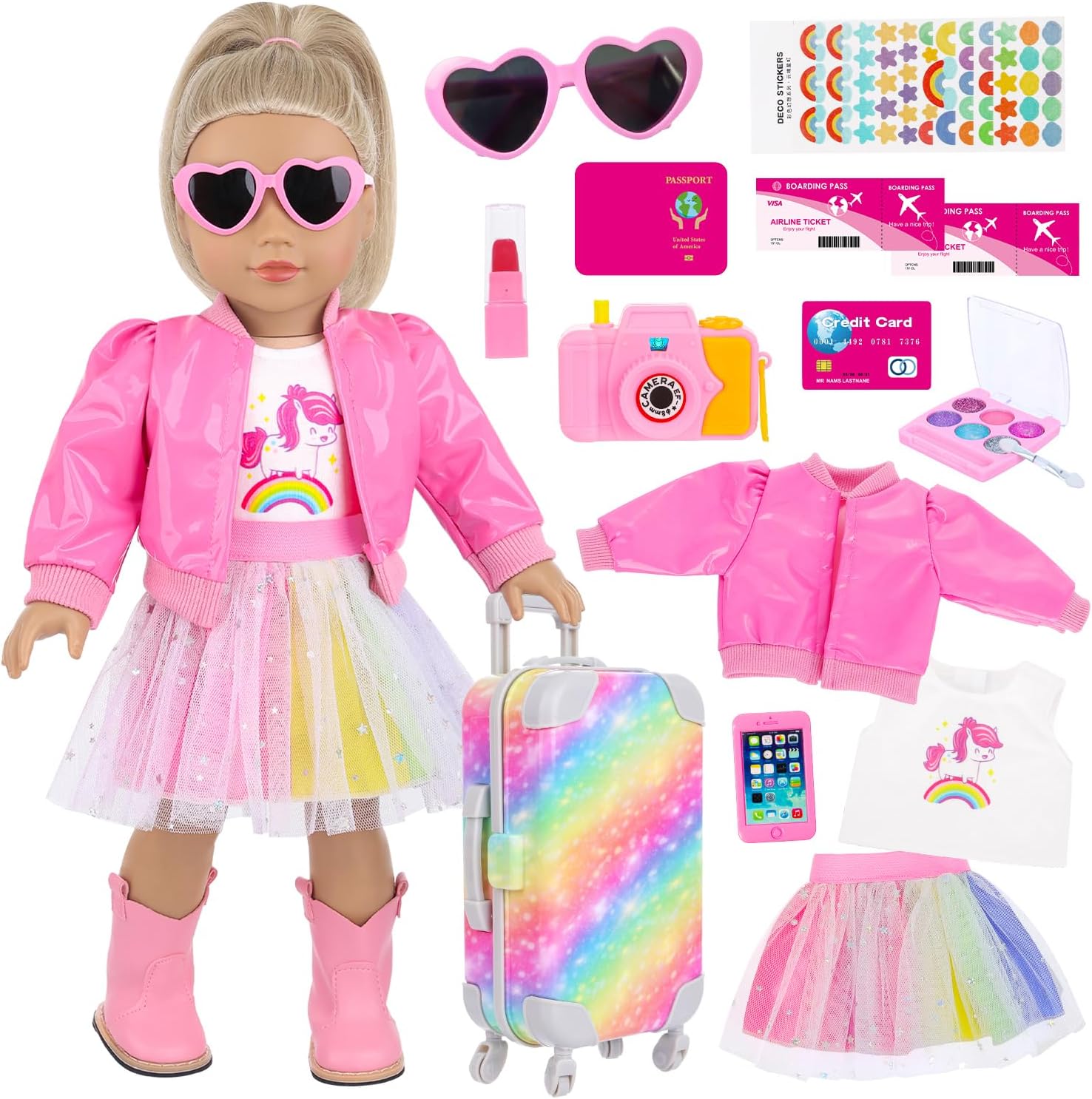 18" Doll Accessories Suitcase Doll Travel Playset Rainbow Style for Kid Christmas Birthday Gifts