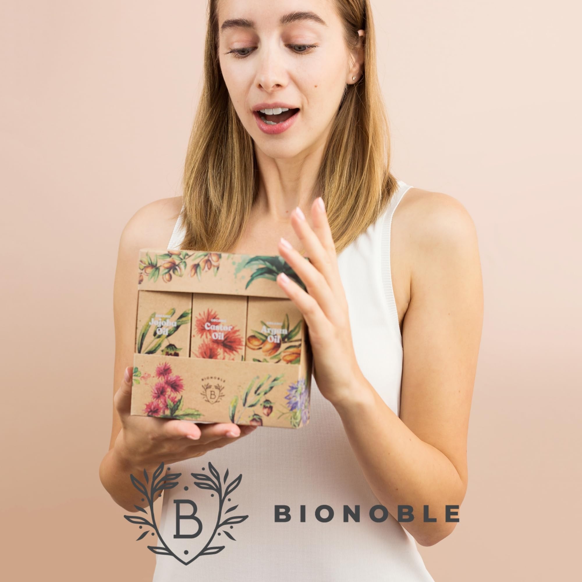 BIONOBLE Wellness Set für Frauen - Bio Rizinusöl Arganöl Jojobaöl - 3x100ml | 100% Natürlichen Ursprungs, Vegan Geschenkset Kosmetik - Haare, Gesicht - Beauty Paket für Frauen - Glasflaschen, Pipetten