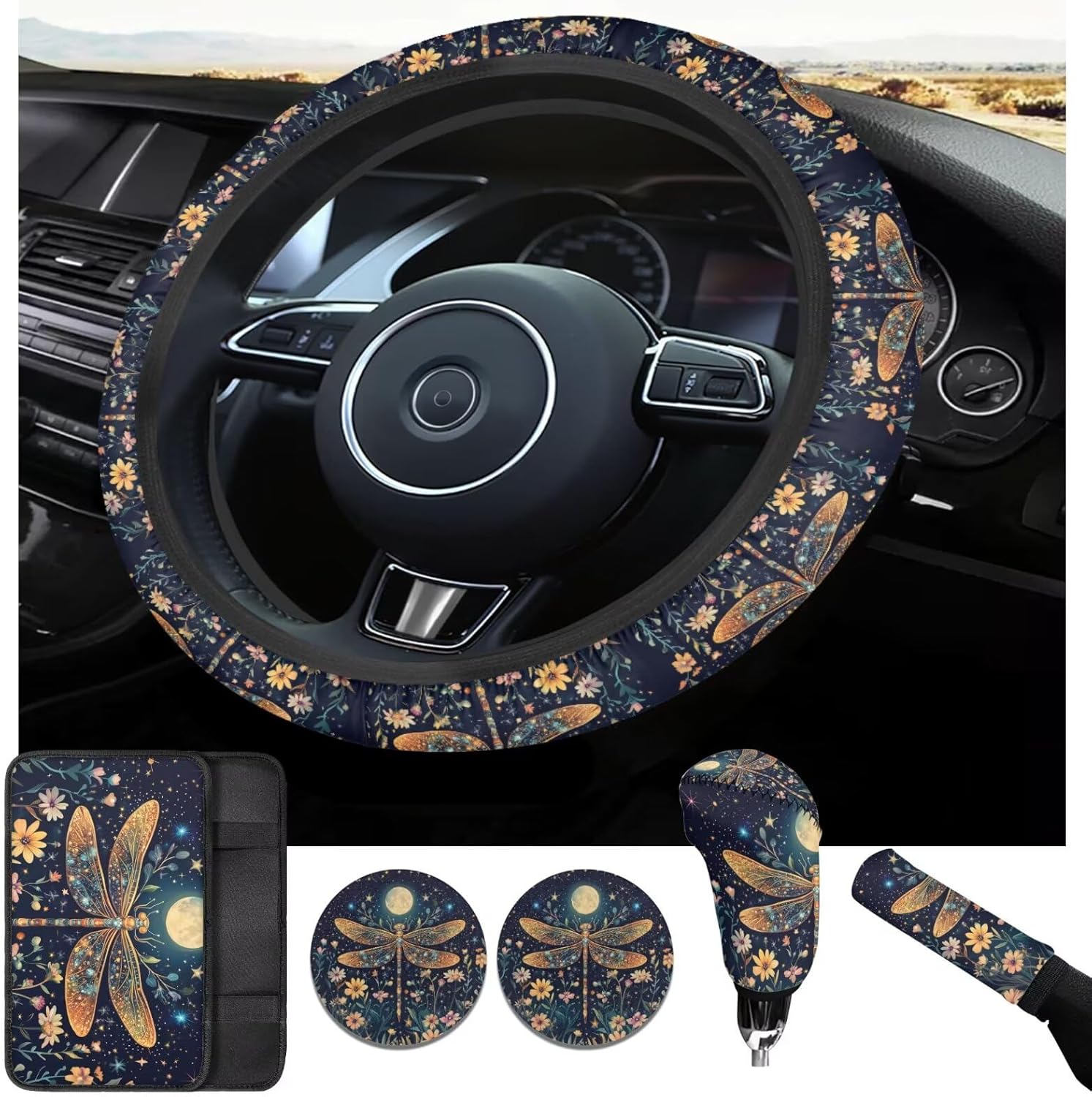 Dragonfly Print Car Steering Wheel Cover Sets for Women Moon Flower Auto Interior Accessories Cup Holder Armrest Pad Seatbelt Cushion Fit Vans Trucks,SUV