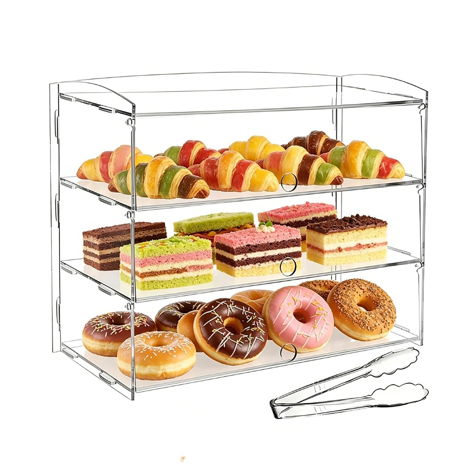 MOOTACO Bakery Display Case,3-Tiers Countertop Bakery Display Case,19"x15.4"x9" Commercial Acrylic Pastrys Display Case with Rear Door Access and Bread Tong for Bread Cake Dessert Food Cookie Baking