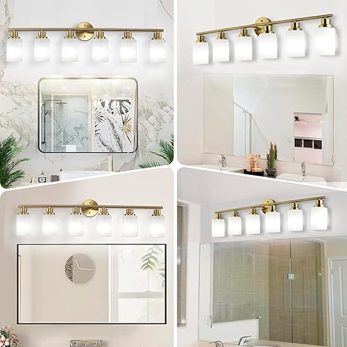 Miniatura 3 de YAO BANG Lámparas de baño sobre espejo dorado cepillado, 6 luces inoxidables para tocador de baño, luces de baño, persianas de vidrio blanco
