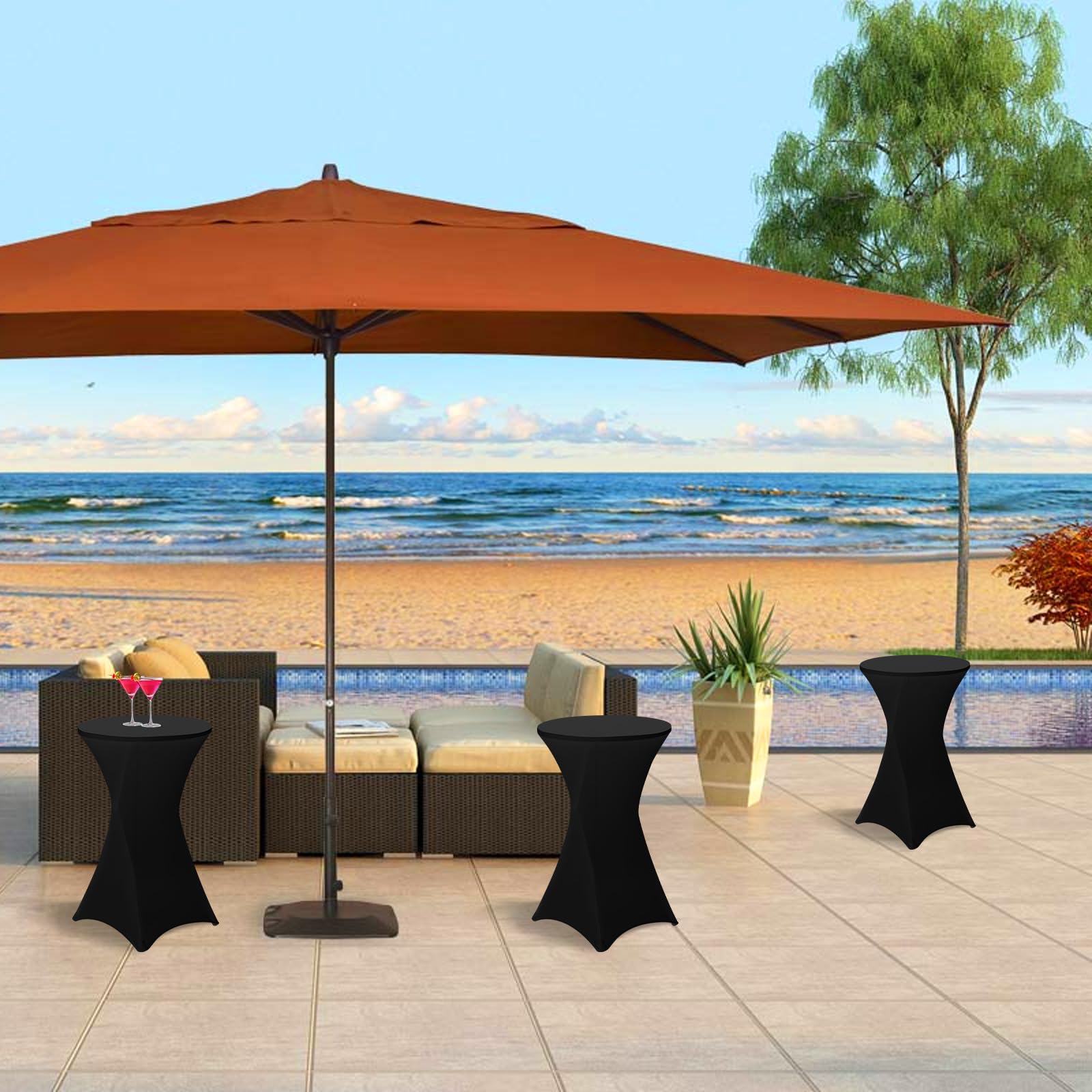 Paquete de 6 manteles de elastano elástico con esquinas cuadradas de 32 x 43 pulgadas, mantel de cóctel de elastano negro, para bar, boda, cóctel, fiesta, banquete