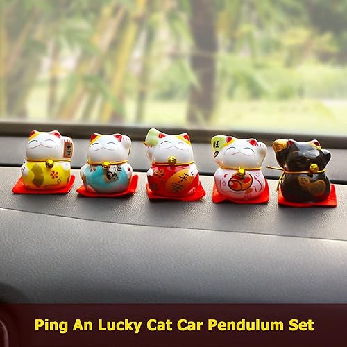 Miniatura 4 de Jadeshay Adornos de gato de la suerte, 5 figuras de Maneki Neko sonriente agitando gato vertical para Lucky Fortune decoración de escritorio del