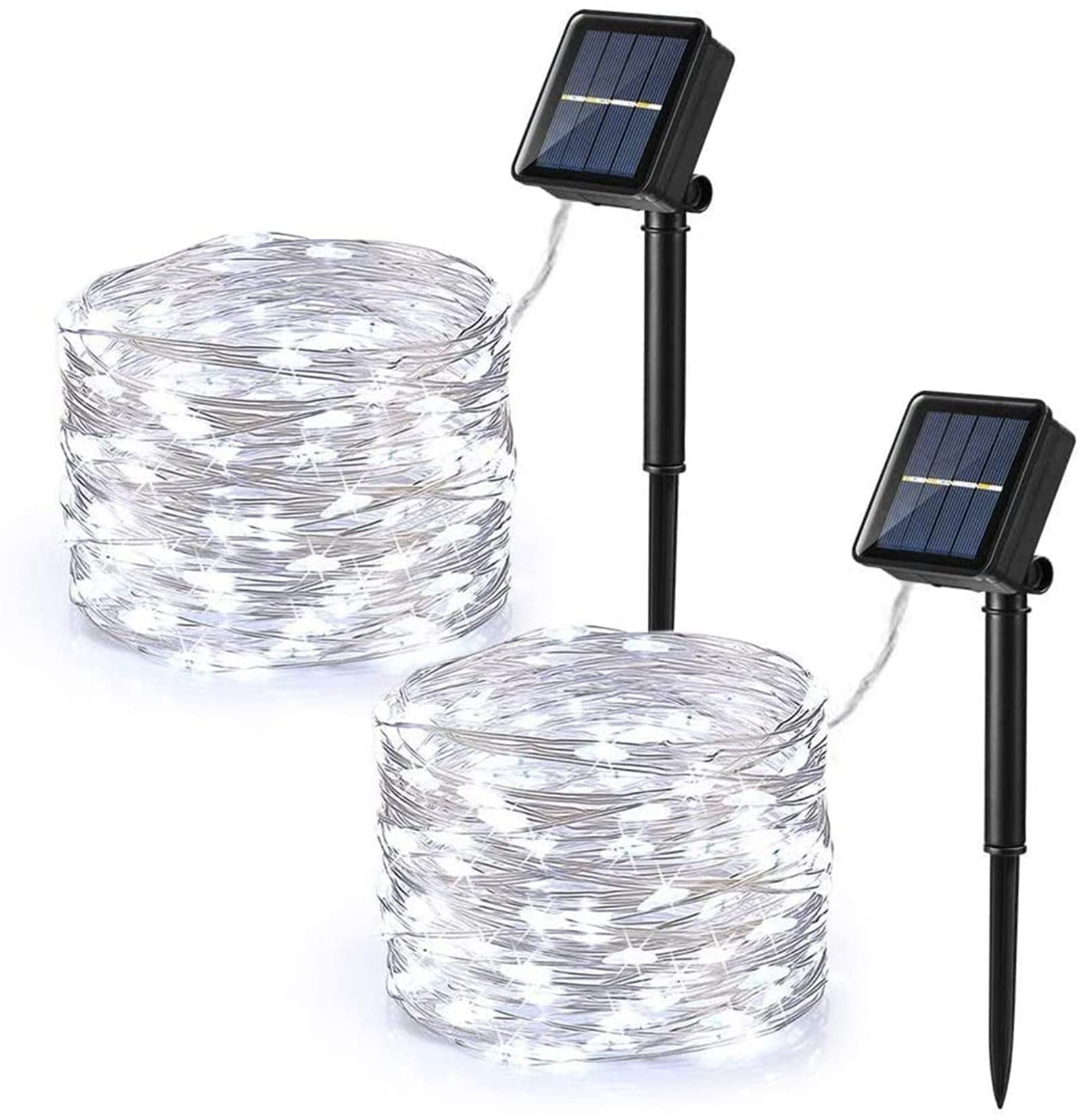 PhilzOps [2 Pezzi] Catena Luminosa Solare, 12M 120 LED Stringa Luci Esterno 8 Modalità Impermeabile Decorative Lucine Solari per Natale Patio Giardino Festa Albero Matrimonio, Bianco Freddo