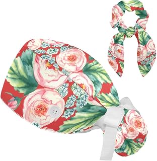 FVQL 2 Pieces Surgical Cap for Long Hair Scrub Cap with Hairband Nurse Cap, Flower Pattern and Leaf