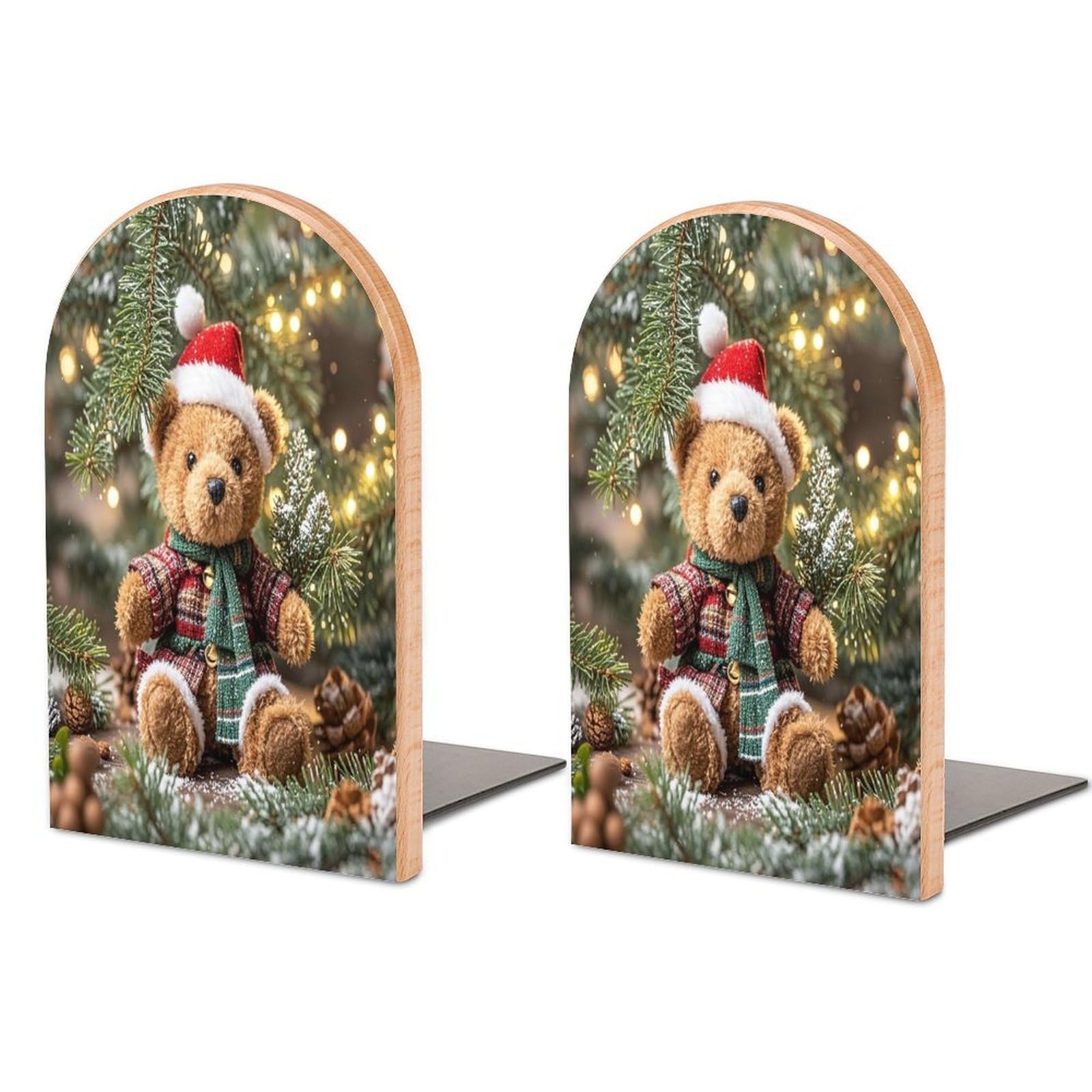 Xmas Tree Branch Bear Doll Bookend for Shelves Unique Book End Sturdy Books Holder Heavy Duty Wooden Bookends Support Non-Slip Book Organizers Decorative Modern Bookend Holder for Home