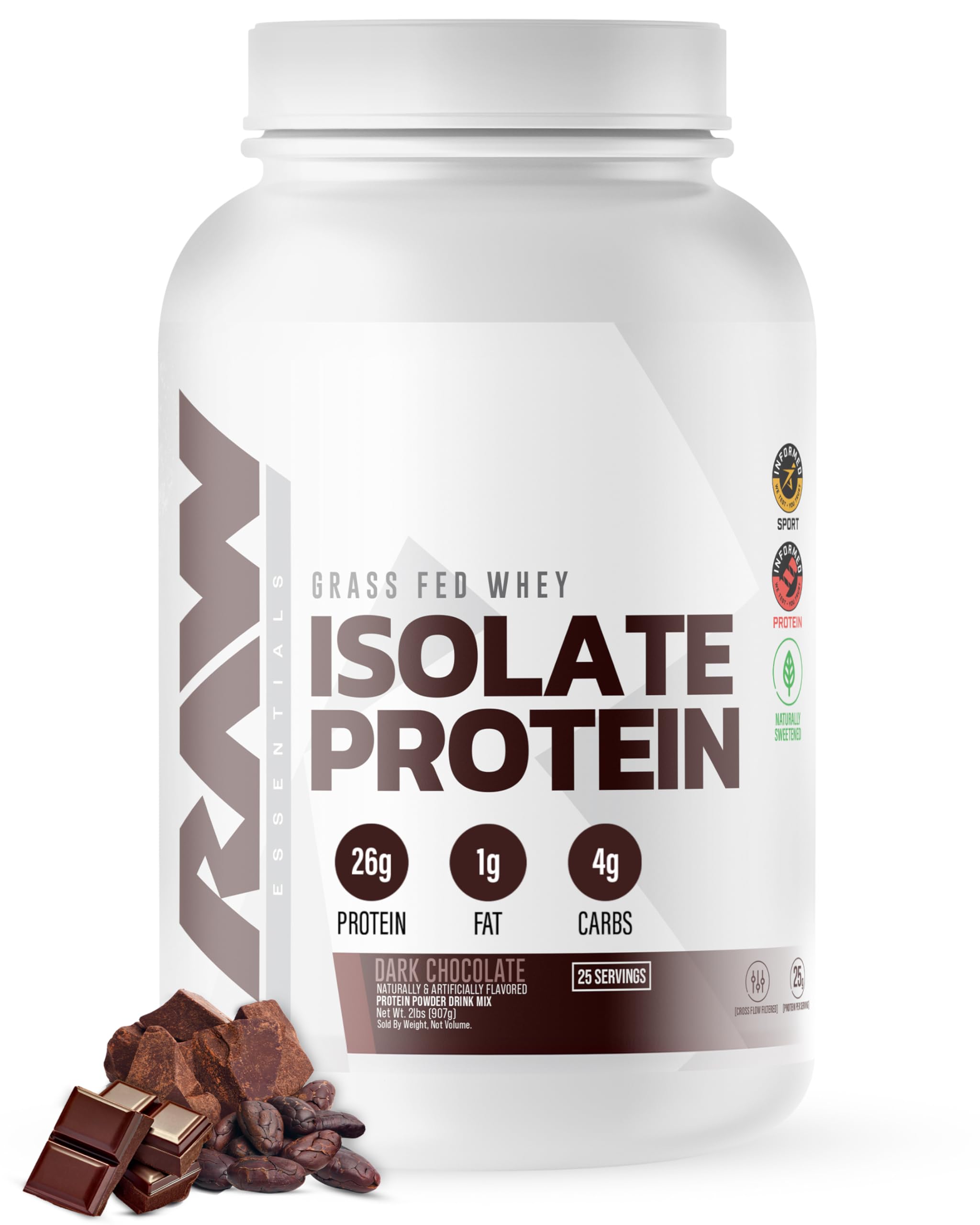 Whey Isolate Protein Powder, Dark Chocolate - 100% Grass-Fed Sports Nutrition Whey Protein Powder for Muscle Growth & Recovery - Low-Fat, Low Carb, Naturally Flavored & Sweetened - 25 Servings