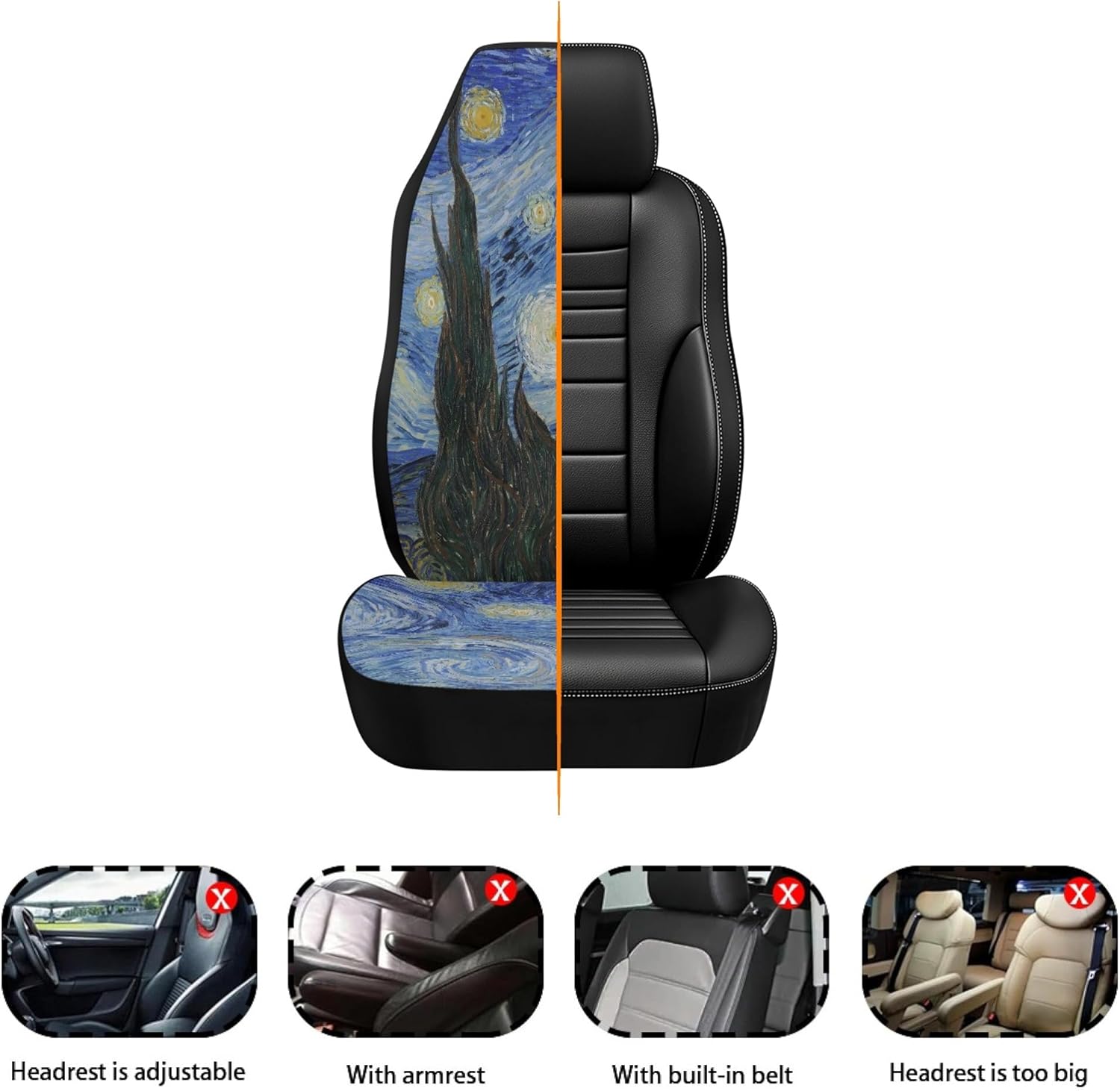 Starry Night Car Seat Covers Front Seats Only by Van Gogh Oil Painting Print, 2 Pack Full Coverage Waterproof Dirt Scratch Resistant Automotive Seat Protectors for Cars SUVs Sedans Trucks Auto Decor