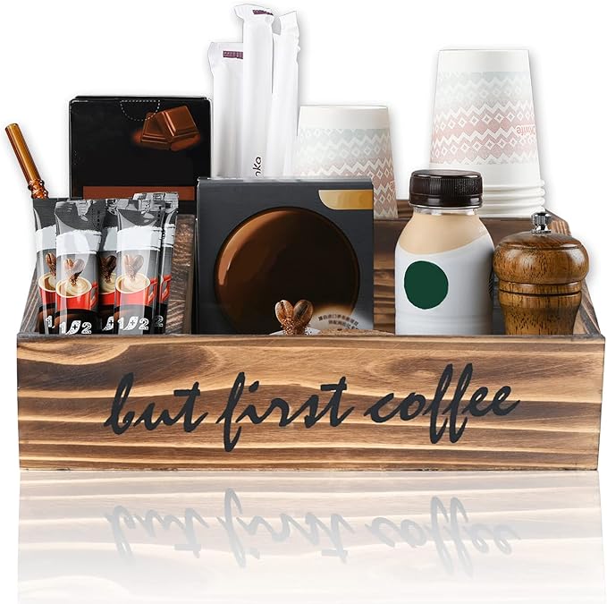 Coffee Station Organizer, Wooden Coffee Bar Accessories Storage Bin Box