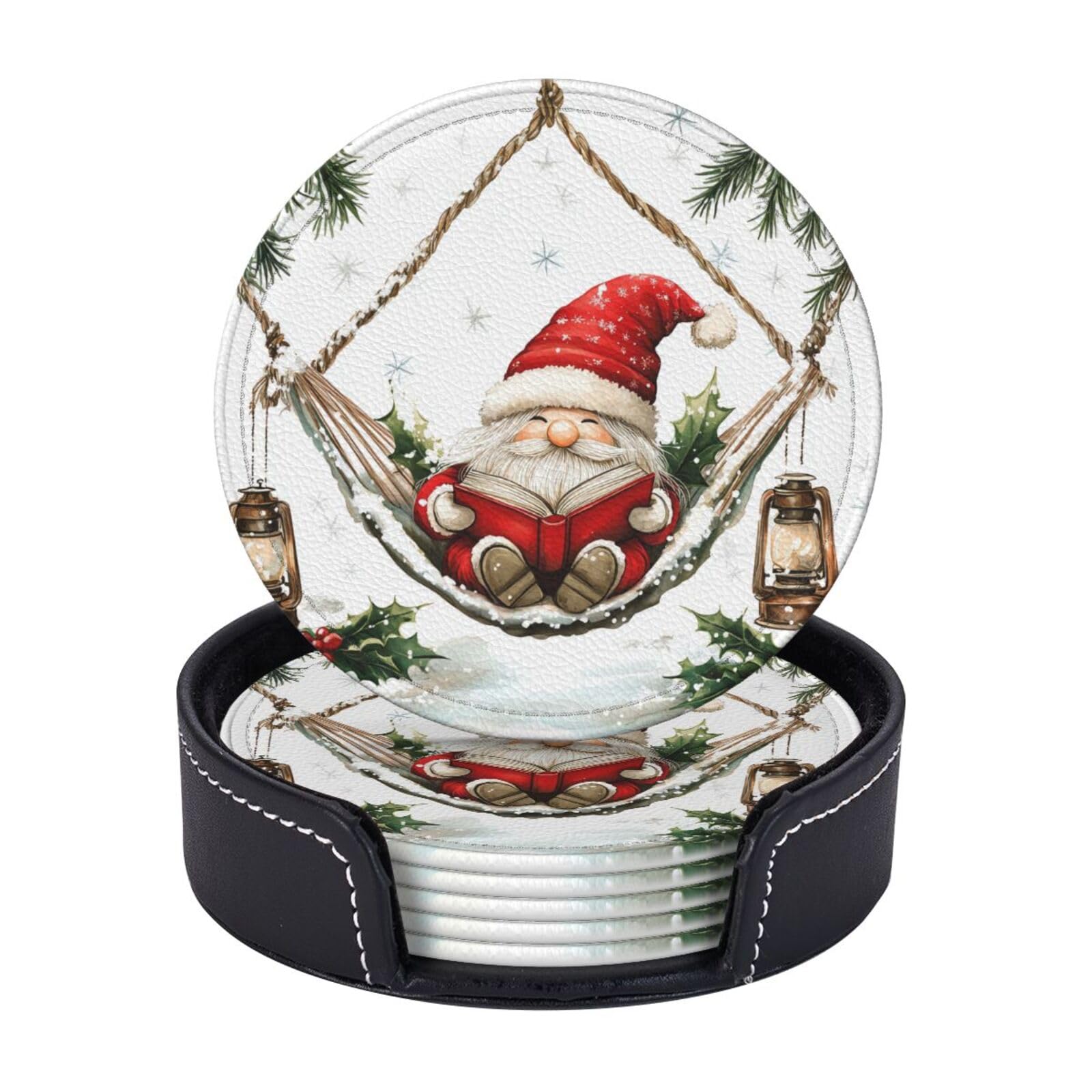6 Pack Christmas Gnomes Leather Coasters for Drinks with Holder Sets Winter Xmas Heat Resistant Drink Table Cup Coasters for Kitchen Dining Cafe Holiday Decor Round