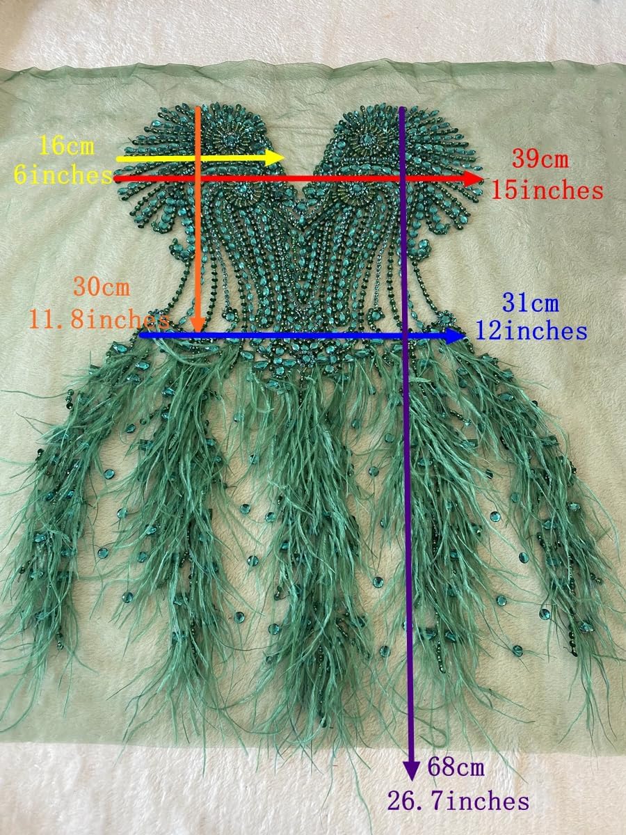 Zbroh Beautiful Ostrich fur decoration large full bodice applique pure handsewing rhinestones beads lace trim patches