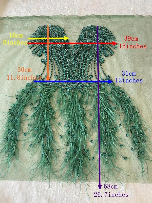 Beautiful Ostrich Fur Decoration Large Full Bodice Applique Pure handsewing Shining Rhinestones Beads lace Trim Patches for Wedding Party Evening Dress Accessories (Blue) by Zbroh - Image 5