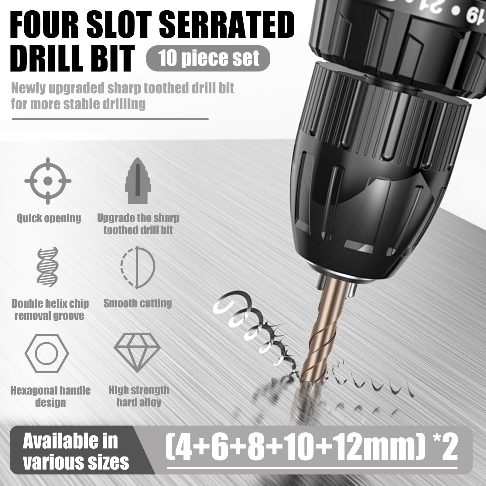10Pcs 4/6/8/10/12 mm 4 Flute Sawtooth Eccentric Drill Bit, Alloy 4 Edged Serrated Eccentric Drill Bit, Dry Drill Bit, Multi Size Tile Twist Drill Bit for Wood, Marble, Metal, Concrete, Wall Tiles