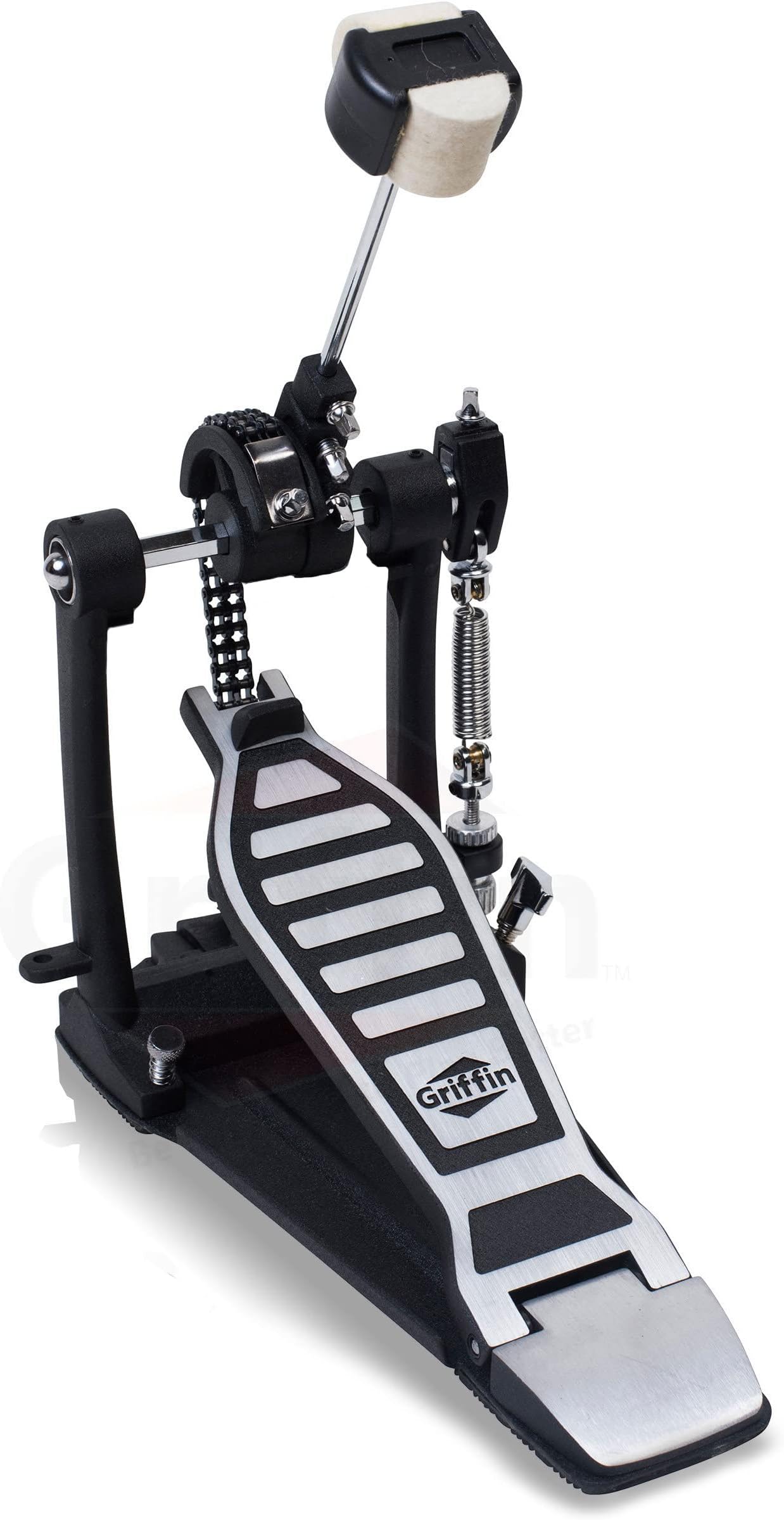 GRIFFIN Single Drum Pedal (Quick-Kick Series) – Deluxe Double Chain Foot Pedal with 4-Sided Beater, Adjustable Power Cam for Pro Drummers