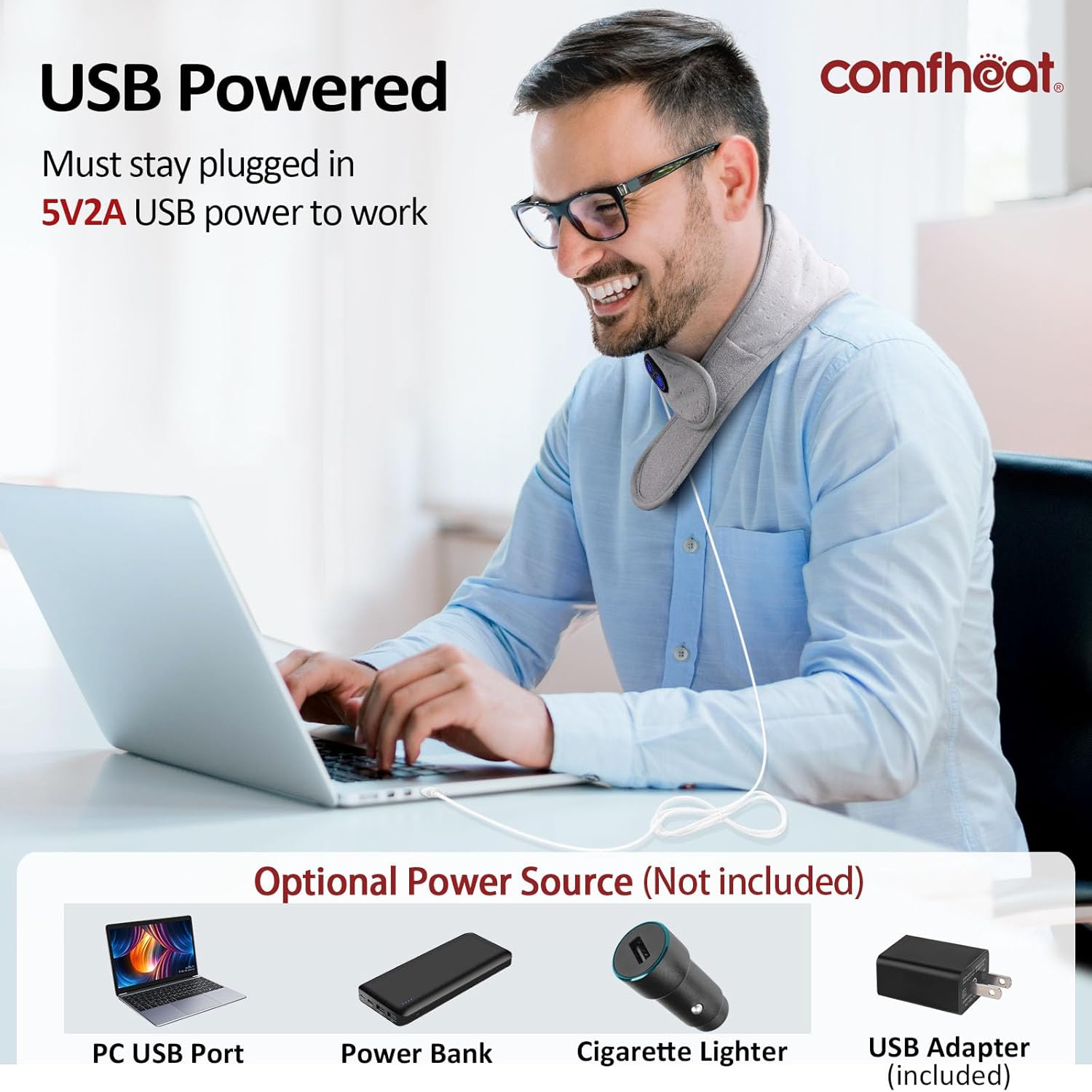 Diagram showing the USB-powered neck heating pad connected to various optional power sources like a PC, power bank, cigarette lighter, and USB adapter.