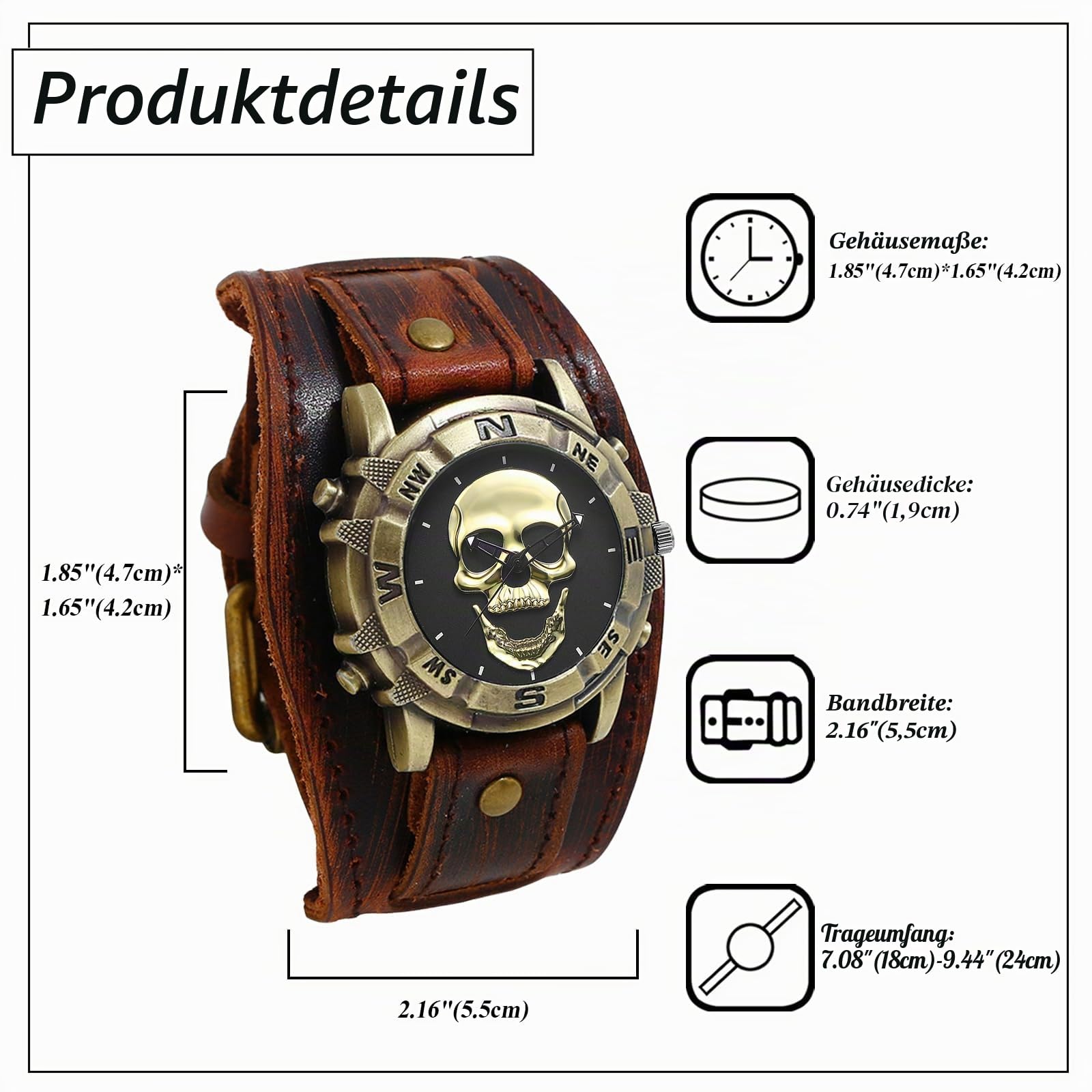 JewelryWe Totenkopf Uhren Herren Leder: Analog Quarz Armbanduhr Gothic Punk Schädel Patronenhülse Gewehrkugel Panzerkette Uhr mit Breit Leder Armband