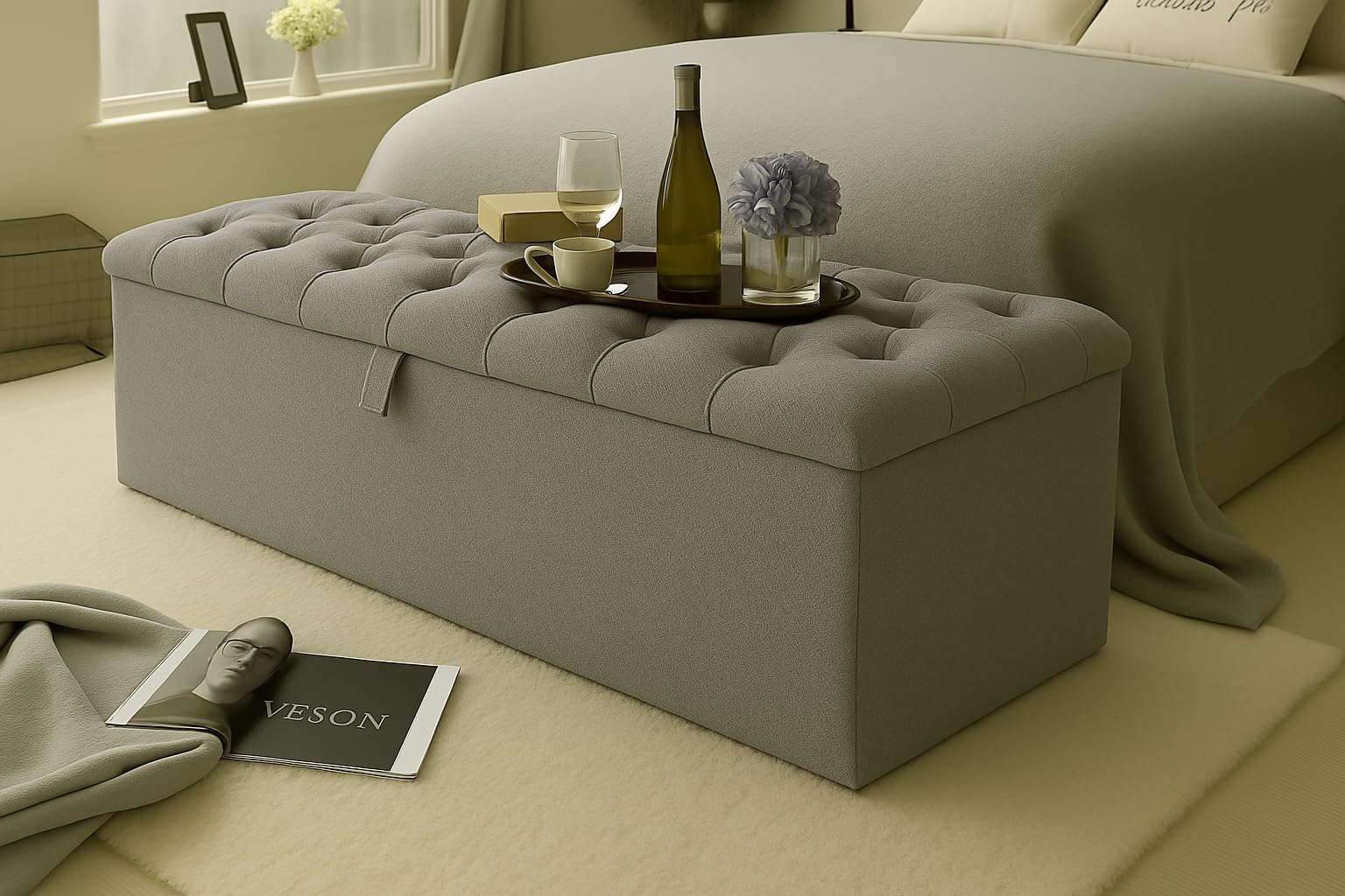 Ottoman Storage Box - Rectangular Storage Pouffe Stool Footstool with Storage - Turin Fabric Upholstered Blanket Box - End of Bed Bench Toy Storage (Beige, 4ft6 Double Size)
