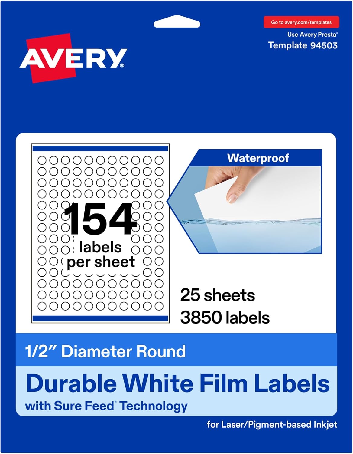 Avery Printable Durable White Round Labels, Sure Feed Technology, 0.5" Diameter, Print-to-the-Edge, Waterproof Labels, Laser & Pigment-Based Inkjet Compatible, 3850 Total