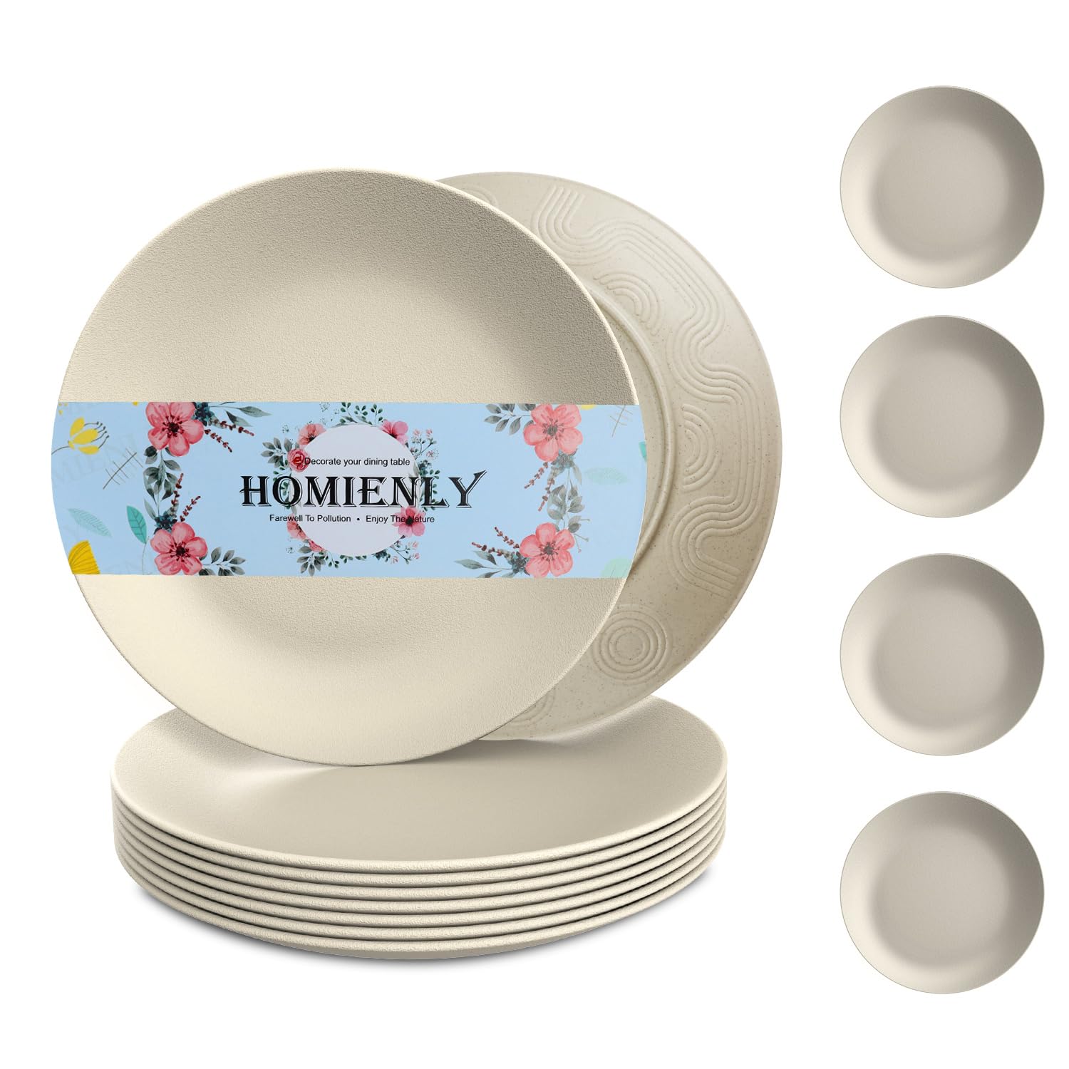 Homiely Dinner Plates Set of 8 - Wheat Straw, Microwave & Dishwasher Safe, Unbreakable, Kids Plates with Pattern (Beige, 9 inch)/Product of