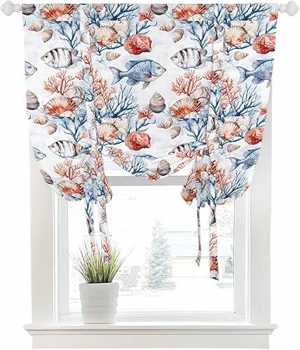 Eeijunphn Tie Up Curtain Summer Ocean Coral Fish Shell Rod Pocket Valances Windo