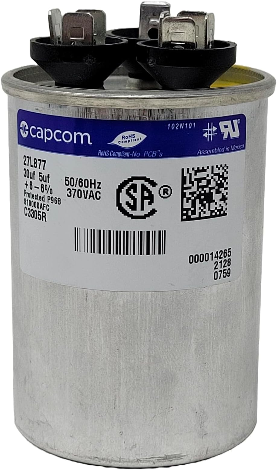 GE Genteq Replacement for Capacitor 30/5 uf 370 volt 97F9833, 370V, 30/5 MFD, Dual Run, Round Capacitor
