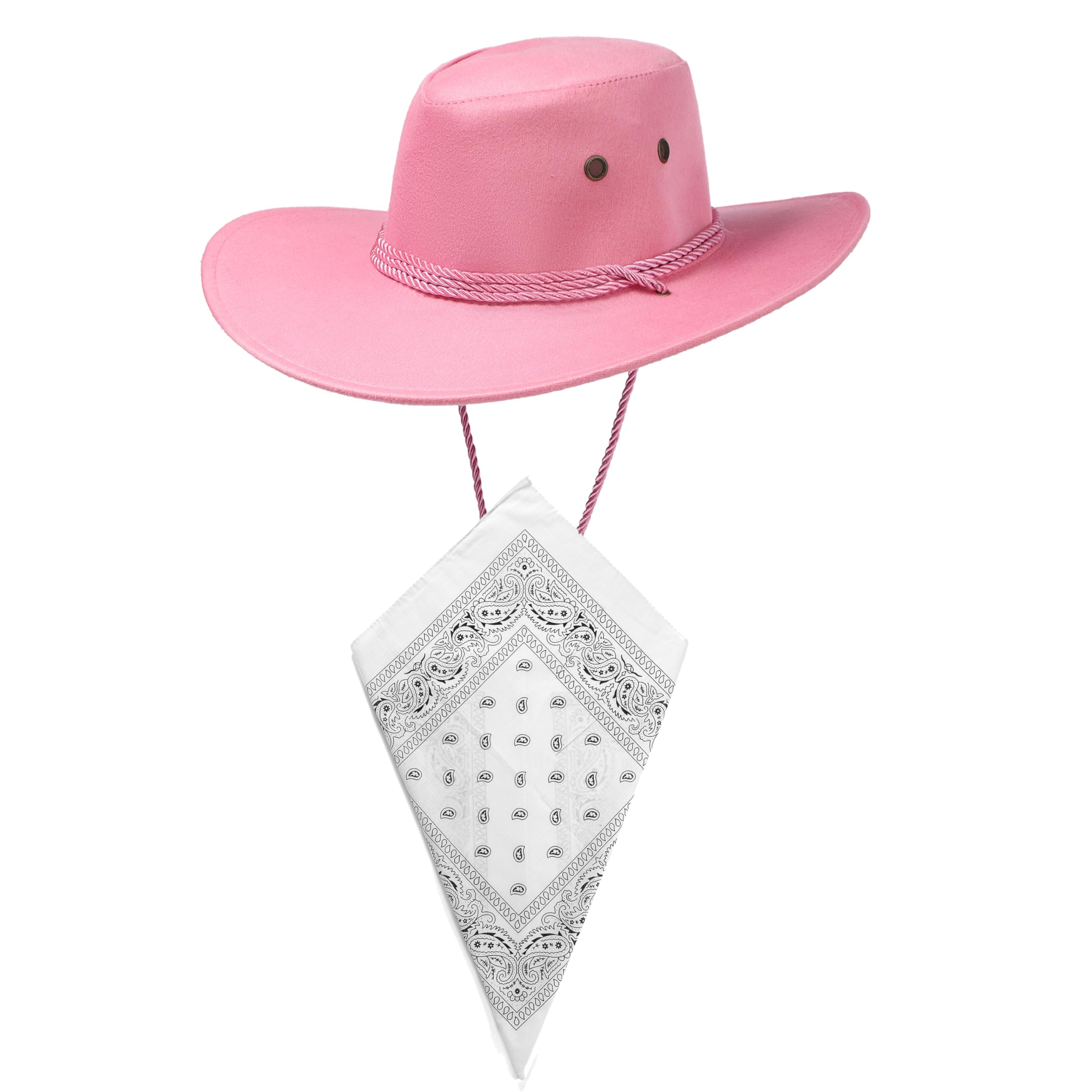 Komonee Pink Cowboy Hat and White Bandana Western Sun Cap Faux Felt Leather Suede Fancy Dress Party Costume Outfit Neckscarf Sun Protection Mens Womens