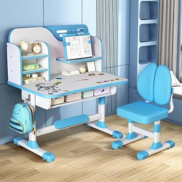 Kids Desk and Chair Set, Study Table and Chair, Desk for Kids, Childrens Desks with Golden Distance Design, Homeschooling Writing Desk with Desktop for Boys and Girls Blue 2