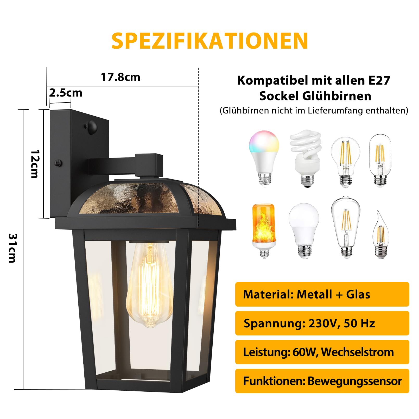 Außenlampe mit Bewegungsmelder, 3 Beleuchtungsmodi Wandleuchte Aussen | OYKYOHEI Aussenlampe mit Bewegungsmelder, Wasserdichtes Außenleuchte Wandleuchte Außen Ausenbeleutung für Haus,E27 Glühbirnen