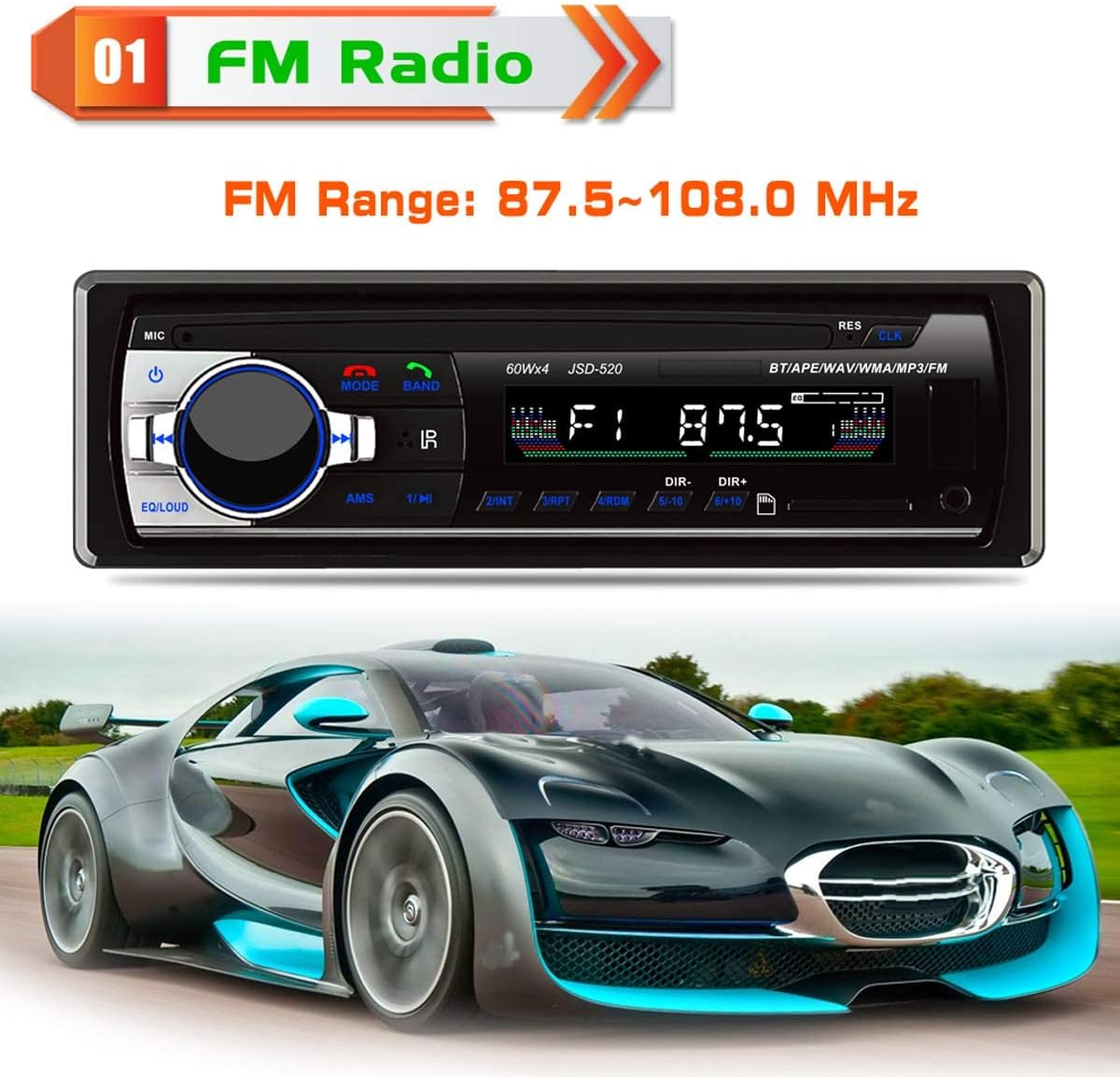 Car stereo display showing FM radio frequency 87.5 MHz