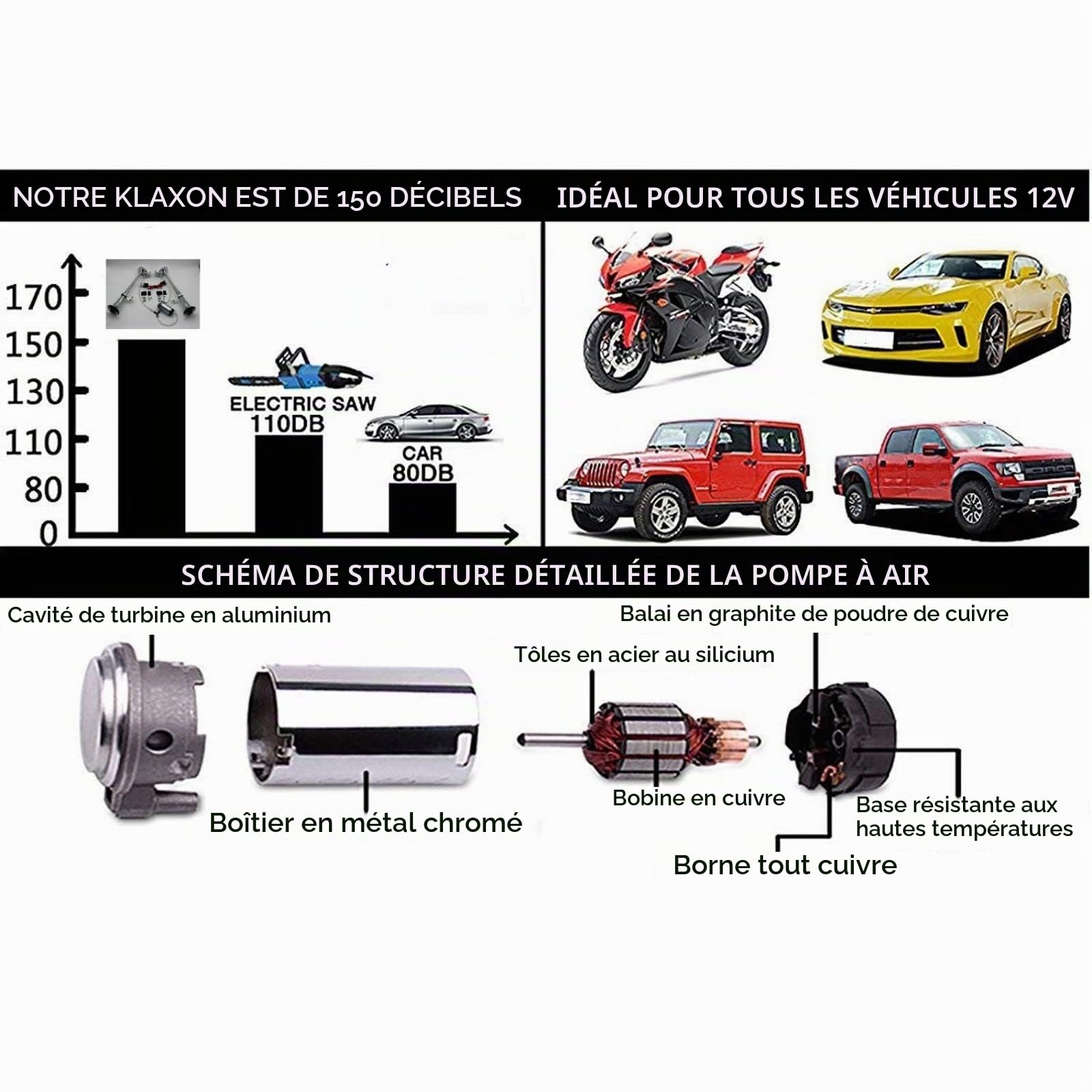 Klaxon de voiture 24 V en zinc double tube 165 dB pour voitures, camions, motos et yachts