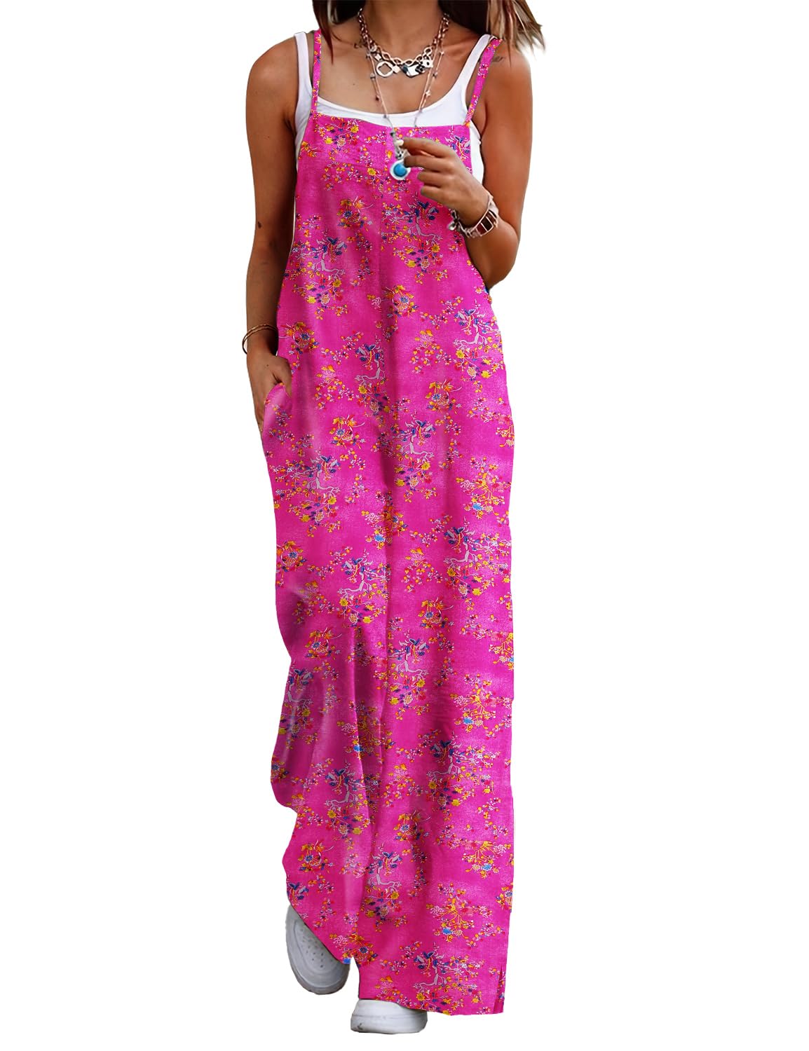 YESNOWomen's Summer Boho Casual Jumpsuits Wide Leg Overalls Floral Print Baggy Rompers with Pockets PZZCR