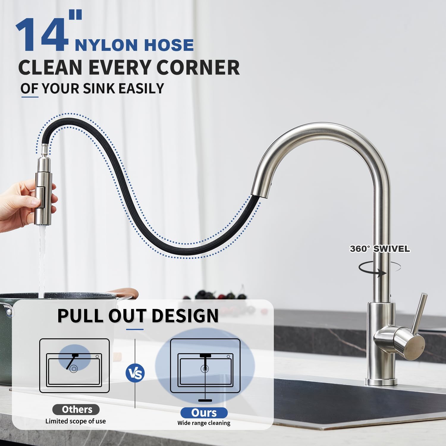 Tohlar Kitchen Sink Faucets with Pull Down Sprayer Brushed Nickel image 2