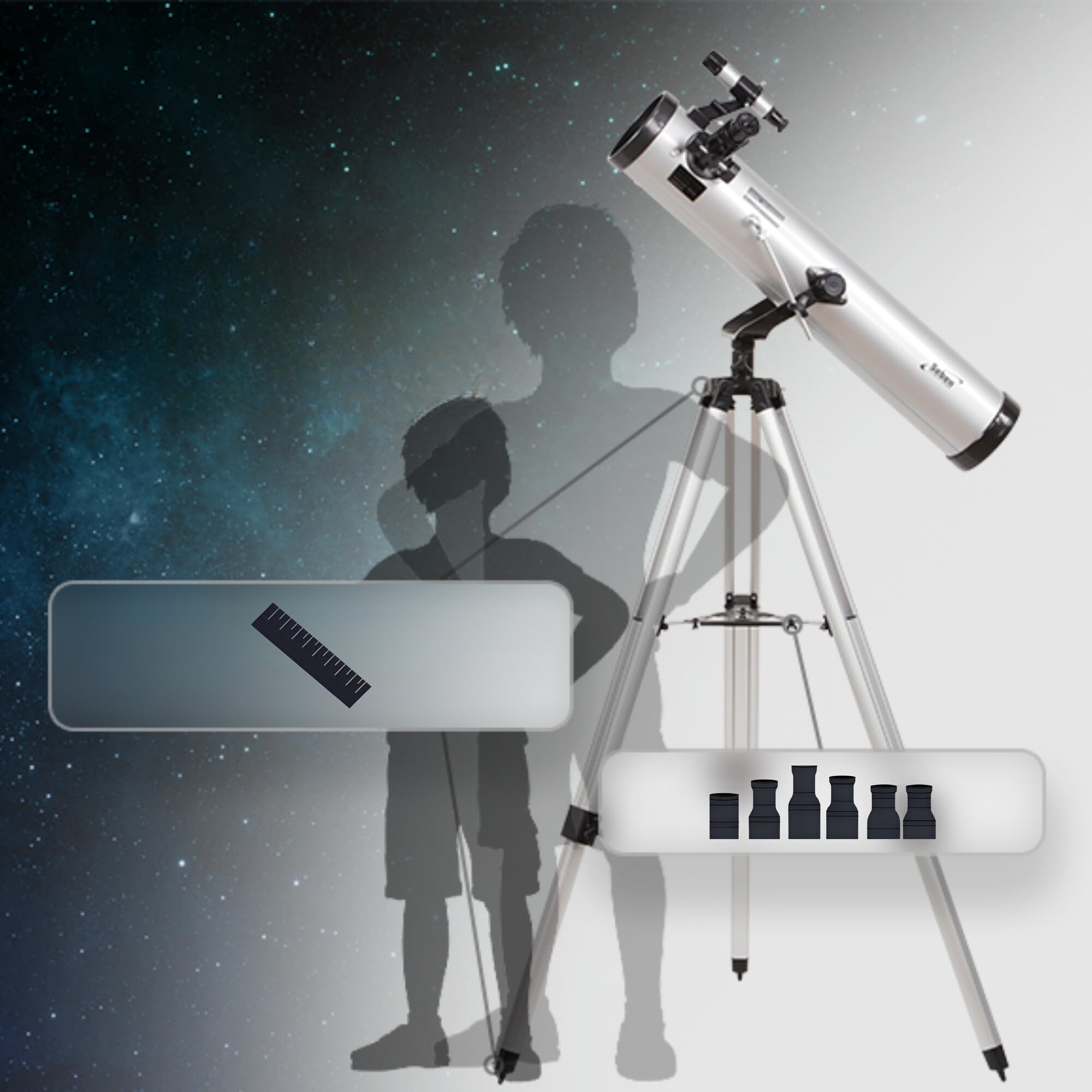 Seben 76/700 AZ - Telescopio astronómico de Espejos para niños Que Incluye un trípode de Aluminio y un Gran Juego de filtros para el Ocular