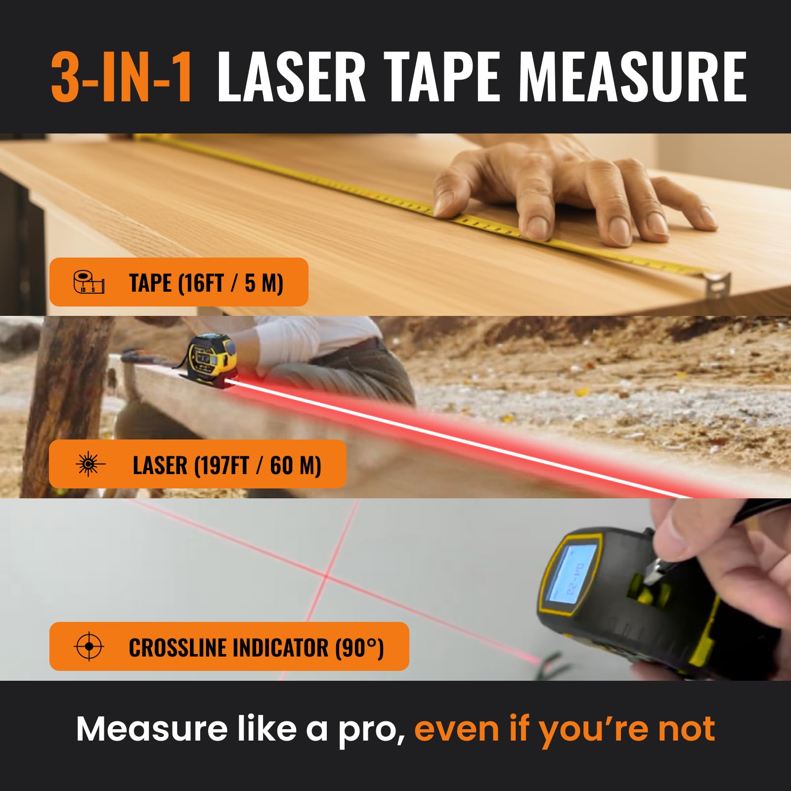 The Almighty Ruler, metro a nastro laser, misuratore di distanza laser, strumento resistente con funzione di marcatura incrociata, telemetro intelligente, display di facile lettura, misurazione
