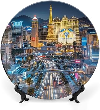 Bone China Decorative Plate Las Vegas Night City Ceramic Dinner Plates with Display Stand Ceramic Ornaments Art Porcelain Plate for Home Office Wall Decor Collections Plate 6inch