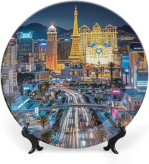 Bone China Decorative Plate Las Vegas Night City Ceramic Dinner Plates with Display Stand Ceramic Ornaments Art Porcelain Plate for Home Office Wall Decor Collections Plate 6inch