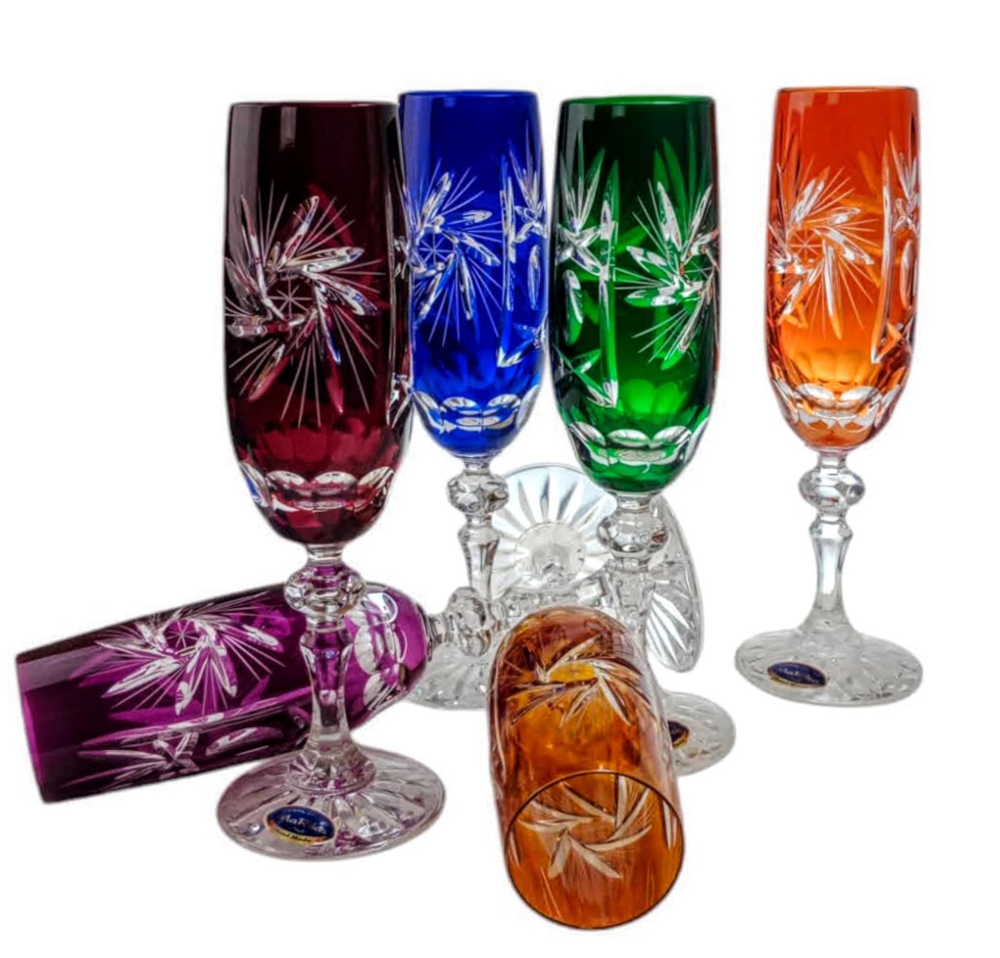 MaRika Mix Set Set de verres à champagne en cristal - 170 ml, fait à la main - Ensemble de 6, couleurs vives et idée cadeau parfaite pour des occasions élégantes