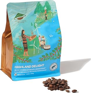 Conihat Whole Bean Coffee - Vietnamese Premium Arabica & Robusta Blend, Medium Roast, Dark Caramel, Roasted Peanut & Like-woody Notes, Balanced Flavor, Low Acid, Single Origin, Hand-Picked, 8.8 Oz Bag