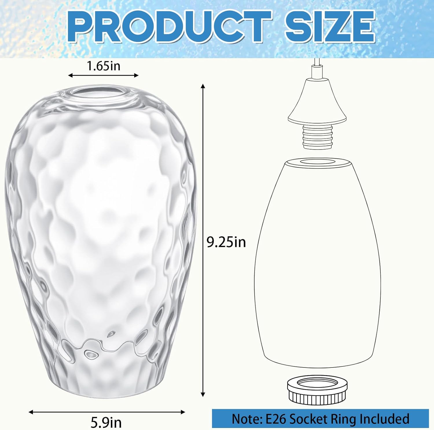 1 Set Oval Glass Lamp Shade 9.25" High x 5.9" Diameter Glass Pendant Light Fixtures Lampshade Replacement Compatible with E26 for Kitchen Island Ceiling Pendant (Transparent Hammer Pattern) 1 Transparent Hammer Pattern