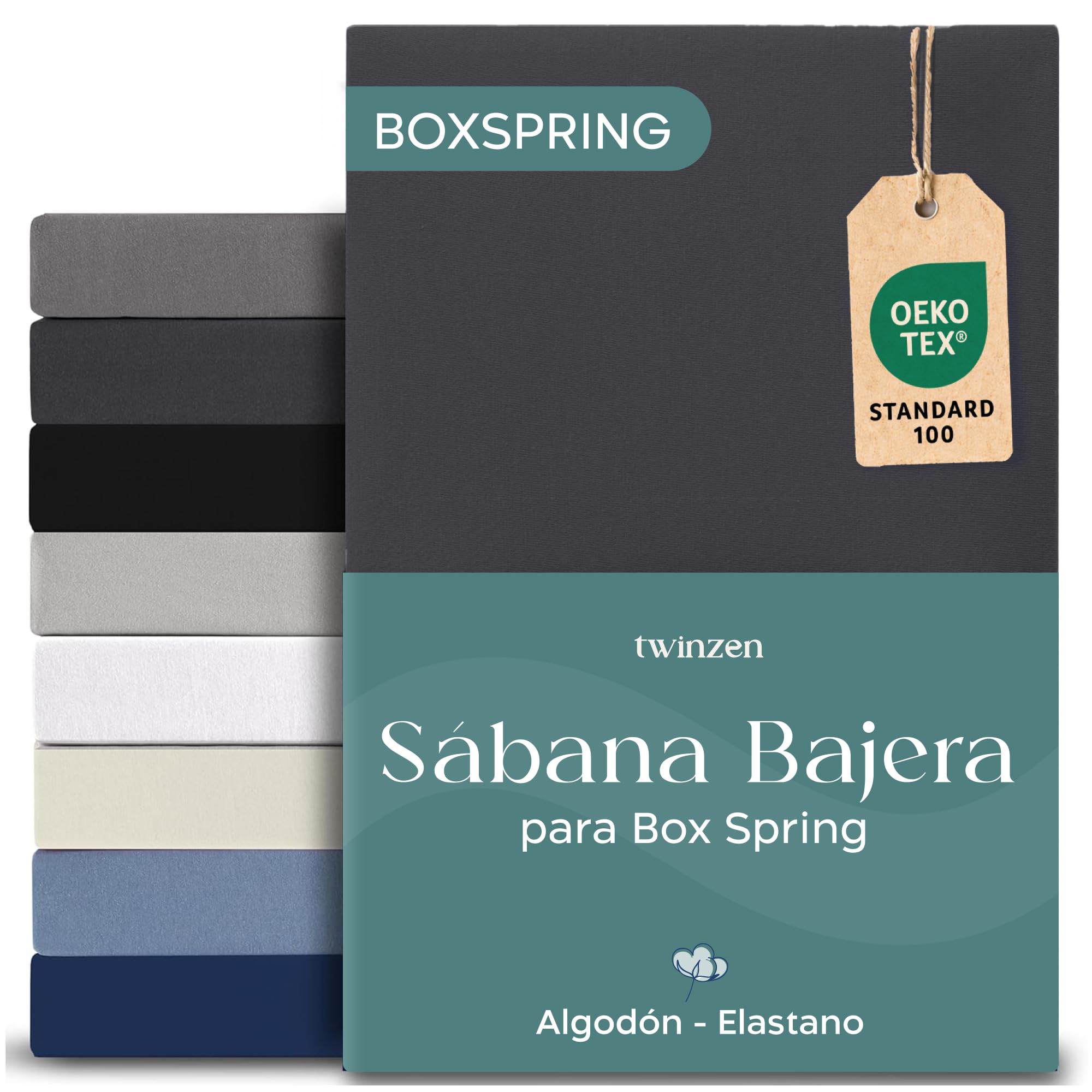 Twinzen - Sabana Bajera para Boxspring - 180x200 - Algodon Elastano | Gris oscuro · Sábanas Ajustables Para Colchón · Hasta 37cm de Altura · Oeko Tex Certificado · 100% Algodón · 360° Elastico