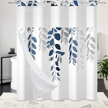 No Hook Eucalyptus Shower Curtain with Snap in Liner Blue Leaves Plant Shower Curtain with Liner Double Layers Hotel Fabric Washable 71x74 Inch