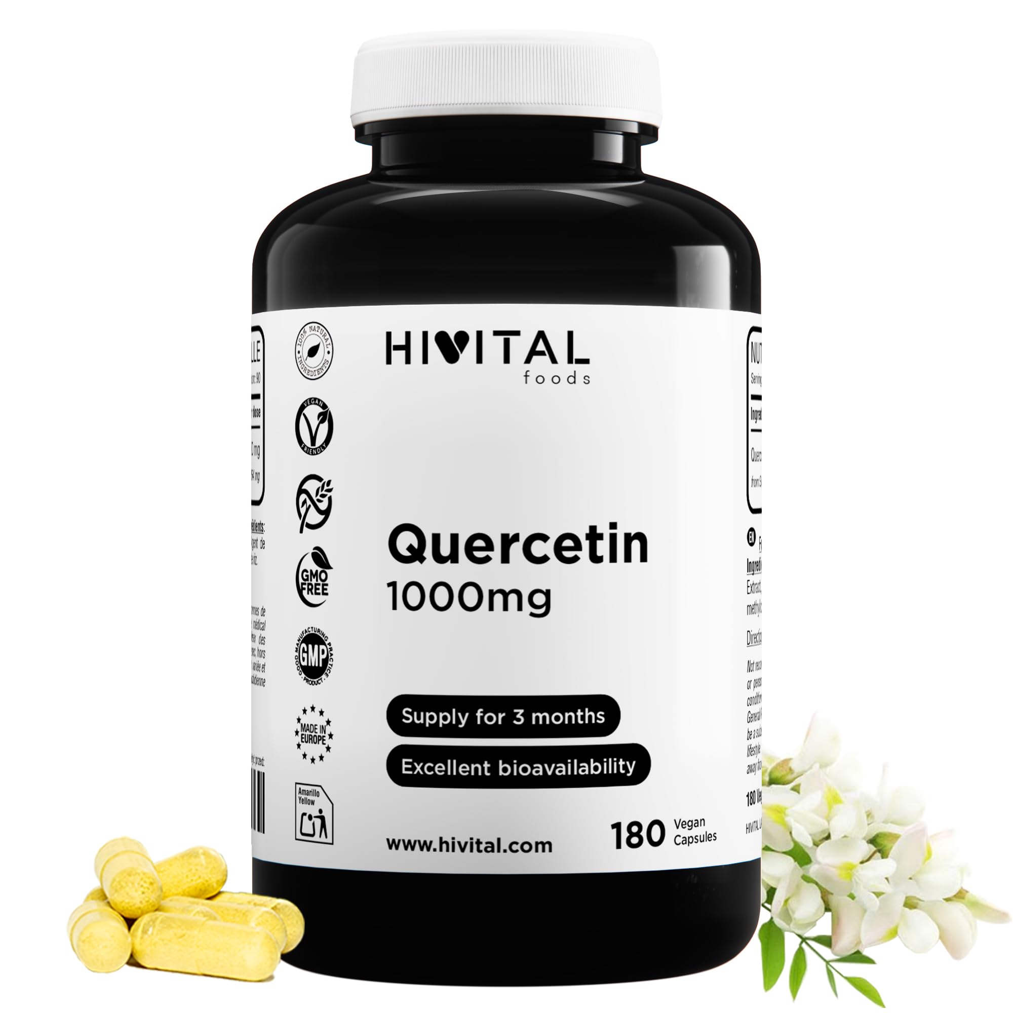 Quercétine 1000 mg. 180 gélules vegan pour 3 mois de traitement. Extrait naturel de fleurs de Saphora Japonica à 95% en Quercétine. Bioflavonoïde naturel. Fabriqué en Europe par HIVITAL